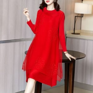 Miyake pleated red dress 2021 spring new high-end and stylish age reducing plus size slimming A-line dress：圖片 2