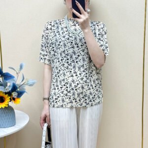 Chiffon shirt floral pop fashion round neck slimming versatile printed loose and stylish short sleeved top jacquard simple：圖片 3
