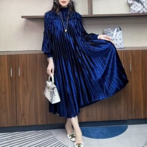 Wrinkled Mom Dress Autumn/Winter Velvet 2024 slimming new style plus size loose temperament long sleeved skirt：圖片 4