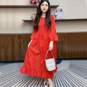 Miyake pleated dress new long lantern sleeves long sleeves high-end fashion temperament plus size long skirt autumn and winter styles