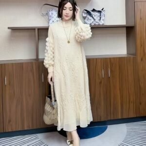 Miyake Heavy Industries Embroidered Fashionable Dress for Autumn and Winter 2024 New Style, Skinny and Wrinkled Large Size Bottom Cover to Cover the Stomach