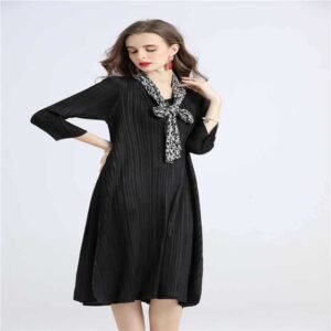 Jialing Chiffon Scarf Collar Vertical Strip Dress K200815：圖片 4