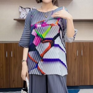 2024 printed summer round neck short sleeved temperament pleated top, popular for covering flesh and stomach, Korean version sweet chic versatile