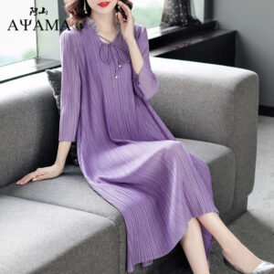 Spring and Autumn new style temperament with three quarter sleeves, middle-aged coverage, slimming effect, high-end dress, high-end autumn long skirt, long and noble style：圖片 3
