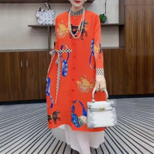 Wrinkled outerwear fashionable high-end printed stand up collar long sleeved slimming over knee button up cardigan carriage print dress：圖片 10