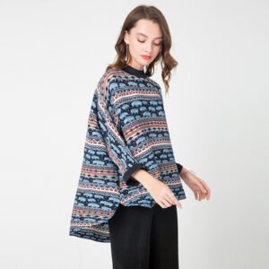 K90901 High Collar Bat Sleeve Top 2022 Jianing Women's Autumn New Collection Color blocked Top Temperament Commuter：圖片 4