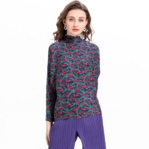 K90309 high neck chiffon floral top pullover, Jianing pleated bat sleeves, long sleeves, floral T-shirt：圖片 4