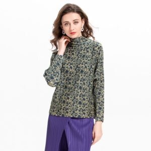 K90309 high neck chiffon floral top pullover, Jianing pleated bat sleeves, long sleeves, floral T-shirt：圖片 6
