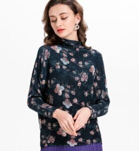 K90309 high neck chiffon floral top pullover, Jianing pleated bat sleeves, long sleeves, floral T-shirt：圖片 9