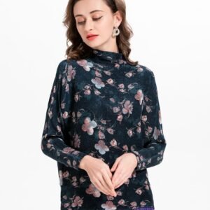 K90309 high neck chiffon floral top pullover, Jianing pleated bat sleeves, long sleeves, floral T-shirt