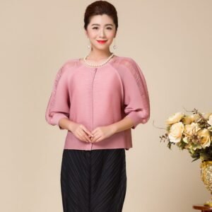 Jianing KW0032 hollow out small top pleated women's round neck seven quarter sleeve princess style mom style loose pleated