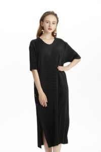 Side button vertical stripe dress, still color, light mature women's clothing, pleated Jianing new product, home commuting, loose and comfortable long skirt：圖片 4