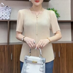 Summer T-shirt with pleated decoration T-shirt, high-end top, loose and versatile short sleeved, fashionable and slimming, vertical stripes to cover the belly, worn outside：圖片 4