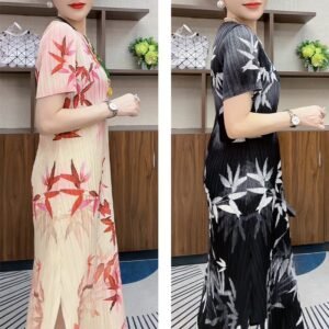 Round neck temperament, summer short sleeved new style, slimming, mid length, high-end loose dress, ink wash bamboo fashion, mom：圖片 10