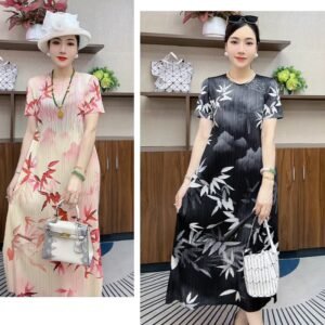 Round neck temperament, summer short sleeved new style, slimming, mid length, high-end loose dress, ink wash bamboo fashion, mom：圖片 9