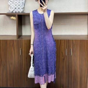 Round neck gradient pink purple pleated denim temperament summer new style slimming elegant sleeveless vest slim fit dress：圖片 3