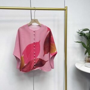 New pleated loose and versatile printed round neck cardigan with 13 leaf button top and batwing sleeves, stylish and stylish：圖片 5