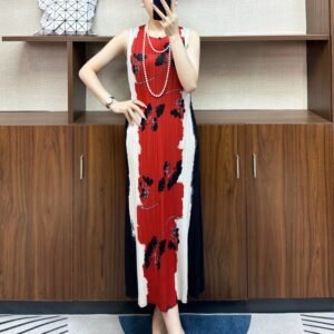 Jia Ning's new vacation women's round neck temperament long style pullover printed sleeveless leaf vest skirt pleated dress