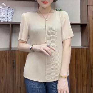 Summer T-shirt with pleated decoration T-shirt, high-end top, loose and versatile short sleeved, fashionable and slimming, vertical stripes to cover the belly, worn outside：圖片 5