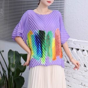 Fashionable T-shirt print versatile tie dye top short sleeved summer new loose batball sleeves slimming pleated round neck：圖片 3