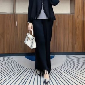 High waisted tassel wide leg knitted pants for women, new autumn and winter look slim, elastic slim fit, versatile commuting pants, fashionable belly covering pants：圖片 2