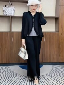 High waisted tassel wide leg knitted pants for women, new autumn and winter look slim, elastic slim fit, versatile commuting pants, fashionable belly covering pants：圖片 2