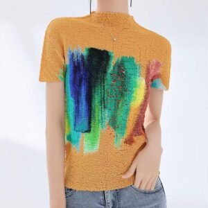 Miyake pleated top exudes a slimming temperament for women's high-end casual fashion round neck oil brush semi high neck printed short sleeved shirt：圖片 5