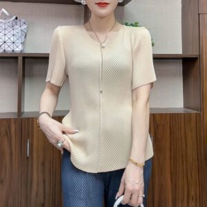 Summer T-shirt with pleated decoration T-shirt, high-end top, loose and versatile short sleeved, fashionable and slimming, vertical stripes to cover the belly, worn outside：圖片 3
