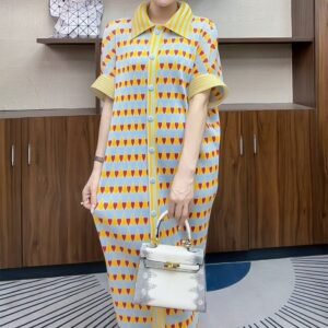 Green heart dress with lapel, new summer short sleeved POLO contrasting color, slimming and high-end temperament, explosive striped design：圖片 4