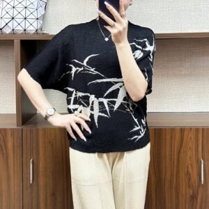 Wrinkled Spring/Summer New Style Chinese Feng Shui Ink Bamboo Printed T-shirt Fashionable and Versatile Loose Look Thin Top Short Sleeve Outerwear T-shirt：圖片 3
