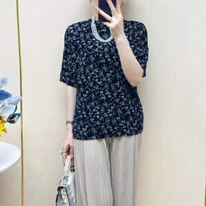 Chiffon shirt floral pop fashion round neck slimming versatile printed loose and stylish short sleeved top jacquard simple：圖片 5