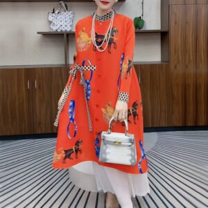 Wrinkled outerwear fashionable high-end printed stand up collar long sleeved slimming over knee button up cardigan carriage print dress