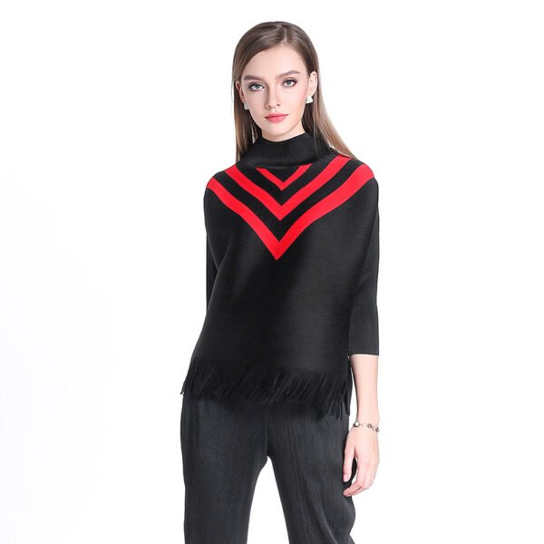 New European and American V-shaped color blocked high neck tassel fashionable spring and autumn women's top loose slimming plus size office outfit