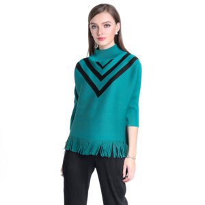 New European and American V-shaped color blocked high neck tassel fashionable spring and autumn women's top loose slimming plus size office outfit：圖片 4