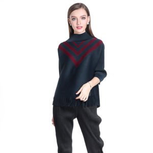New European and American V-shaped color blocked high neck tassel fashionable spring and autumn women's top loose slimming plus size office outfit：圖片 5