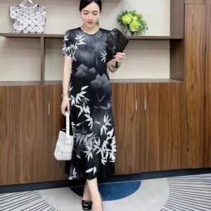 Round neck temperament, summer short sleeved new style, slimming, mid length, high-end loose dress, ink wash bamboo fashion, mom：圖片 8