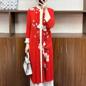 Jia Ning temperament dress, large size loose printed cardigan, embroidered lace collar, plum blossom printed skirt, Chinese ethnic style