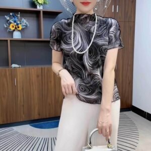Summer new high neck printed base slim fit fashionable short sleeved spiral short sleeved top：圖片 3