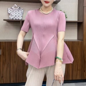 Minimally pleated little child's flesh concealing temperament round neck t-shirt short sleeved summer loose top versatile commuting solid color：圖片 6