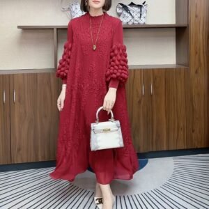 Miyake Heavy Industries Embroidered Fashionable Dress for Autumn and Winter 2024 New Style, Skinny and Wrinkled Large Size Bottom Cover to Cover the Stomach：圖片 4