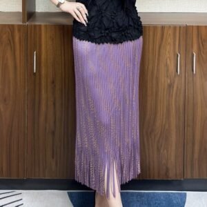 Wrinkled high waist temperament simple women's clothing elastic waistband medium long gold wire tassel skirt looks slim, wraps buttocks and sparkles：圖片 4