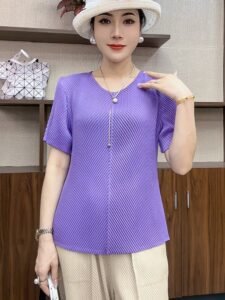 Summer T-shirt with pleated decoration T-shirt, high-end top, loose and versatile short sleeved, fashionable and slimming, vertical stripes to cover the belly, worn outside：圖片 2