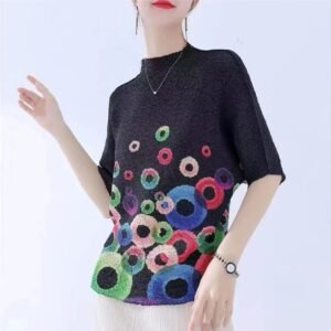 Summer pullover circle pattern loose and simple temperament women's clothing corn pleated half sleeve new pleated top short sleeved