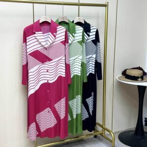 Jia Ning Fashion Meat Covering and Slimming Long Sleeve Printed Cardigan Dress Summer Loose Collar Striped Shirt Skirt