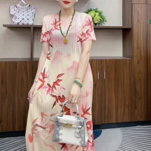 Round neck temperament, summer short sleeved new style, slimming, mid length, high-end loose dress, ink wash bamboo fashion, mom：圖片 5