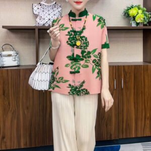Jia Ning's new Chinese style button top with short sleeves and printed new style temperament, slanted collar, summer versatile, retro ethnic style stand up collar：圖片 3