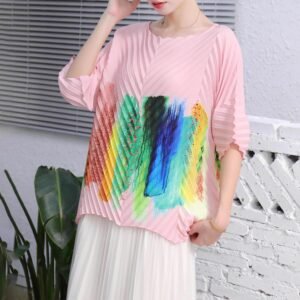 Fashionable T-shirt print versatile tie dye top short sleeved summer new loose batball sleeves slimming pleated round neck