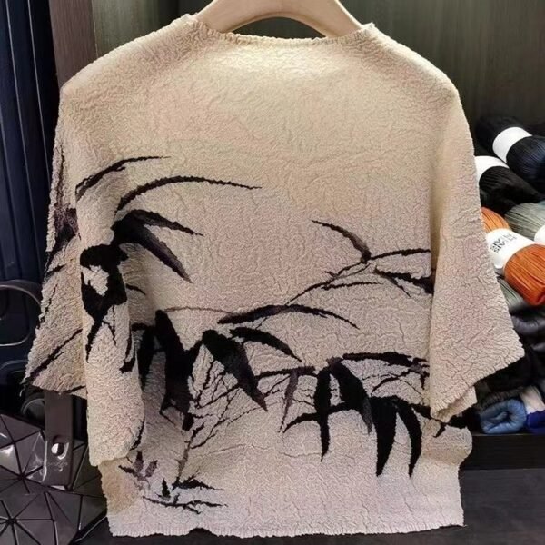Wrinkled Spring/Summer New Style Chinese Feng Shui Ink Bamboo Printed T-shirt Fashionable and Versatile Loose Look Thin Top Short Sleeve Outerwear T-shirt