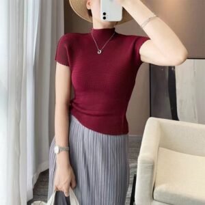 Jia Ning's new versatile slim fit summer minimalist women's round neck short sleeved net color corn pleated top