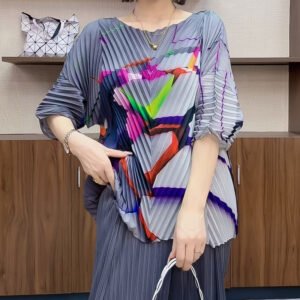 2024 printed summer round neck short sleeved temperament pleated top, popular for covering flesh and stomach, Korean version sweet chic versatile：圖片 4